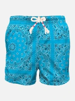 Man Swim Shorts With Light Blue Bandanna Print