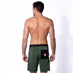Military Green Swim Shorts With Contrast Lateral Band -The Bikini Collective boardshort tecnical swimshort