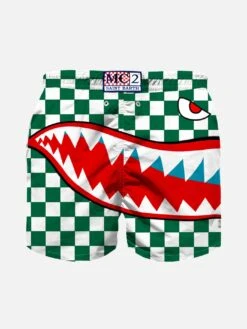 MC2 Saint Barth Boy Swim Shorts With Shark And Check Print -The Bikini Collective boy swimshort shark check 02