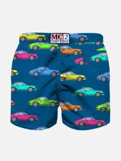 MC2 Saint Barth Boy Light Fabric Swim Shorts With Cars Print -The Bikini Collective boy swimshorts cars blue2