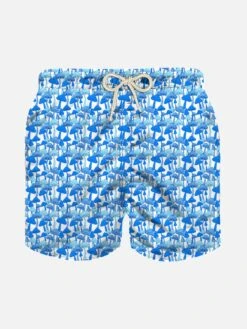 MC2 Saint Barth Boy Light Fabric Swim Shorts With Light Blue Mushrooms Print
