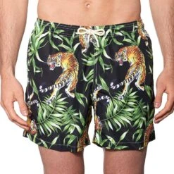Man Light Fabric Swim Shorts With Tiger Print -The Bikini Collective costume mare tigre tropicali