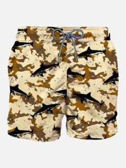Flock Fabric Shark On Camouflage Background Swim Shorts