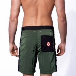 Military Green Swim Shorts With Contrast Lateral Band -The Bikini Collective costumi uomo tessuti tecnici