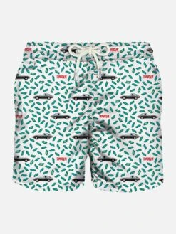 Man Light Fabric Swim Shorts With Car And Money Print | DIABOLIK SPECIAL EDITION