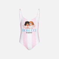 MC2 Saint Barth Girl Striped One Piece Swim Suit With Fiorucci Angels Print | FIORUCCI SPECIAL EDITION