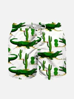Boy Swim Shorts With Crocodile And Cactus Print