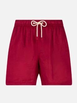 Solid Bordeaux Mid-length Linen Swim Shorts