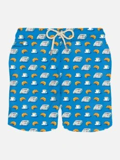 MC2 Saint Barth Man Light Fabric Swim Shorts With Newspaper And Croissant Print