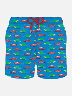 MC2 Saint Barth Man Light Fabric Swim Shorts With Turtle And Car Print
