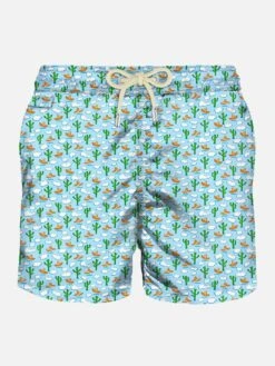 Man Light Fabric Swim Shorts With Cactus And Clouds Print