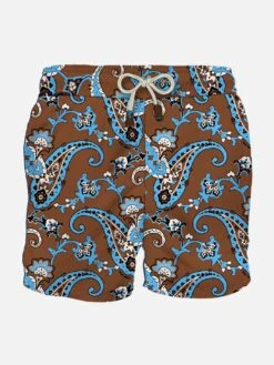 MC2 Saint Barth Brown Man Swim Short With Light Blue Paisley Print