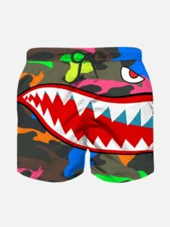 MC2 Saint Barth Boy Swim Shorts With Fluo Camouflage Pattern And Shark Print