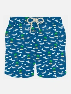 MC2 Saint Barth Man Light Fabric Swim Shorts With Plane And Island Print
