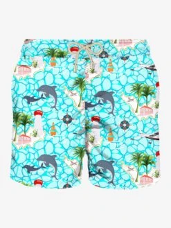 Man Light Fabric Swim Shorts With Sailing Boats Print