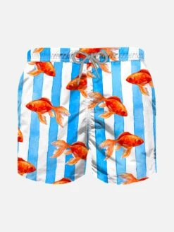 Boy Striped Swim Srunks With With Gold Fish Print