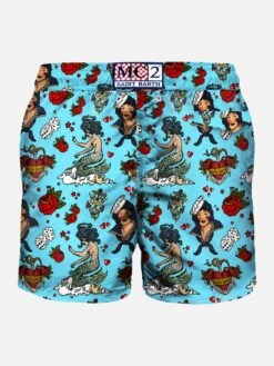 Light Fabric Man Swim Shorts Tattoo Print -The Bikini Collective pinup mermaid roses swimshort men