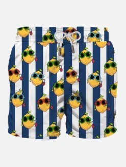 Blue Striped Mid-length Swim Shorts With Lemon Print