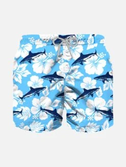 Boy Swim Shorts With Flocked Shark Print
