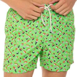 Light Fabric Man Swim Shorts Sushi Print -The Bikini Collective sushi sashimi swimshort man green