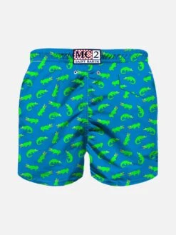 MC2 Saint Barth Boy Bluette Swim Shorts With Green Alligator Print -The Bikini Collective swimshorts boy alligator blue 2