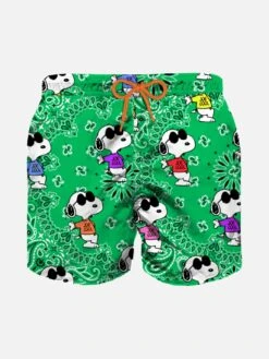 MC2 Saint Barth Boy Green Swim Shorts With Bandanna Pattern And Snoopy | SNOOPY - PEANUTS™ SPECIAL EDITION