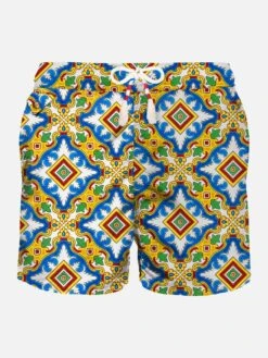 MC2 Saint Barth Man Light Fabric Swim Shorts With Majolica Print