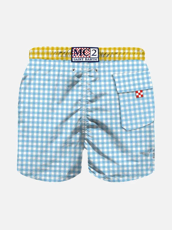 Light Blue Gingham Boy's Swim Shorts With Embroidery 4 Light Blue Gingham Boy's Swim Shorts With Embroidery - Image 2